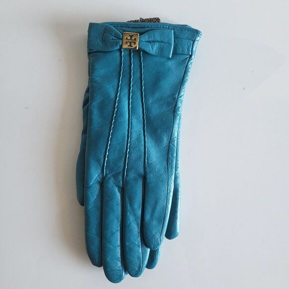 Tory Burch Women's Teal Green Leather Bow Pleated Gloves Size 6.5 - Picture 9 of 10
